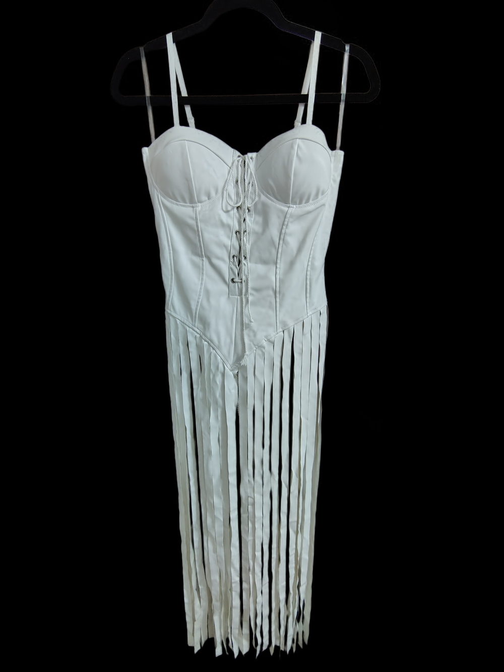 White Fringe Corset Maxi Dress with Lace-Up Front